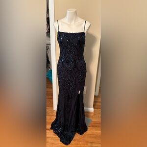Navy Beaded Spaghetti-Strap Evening Gown